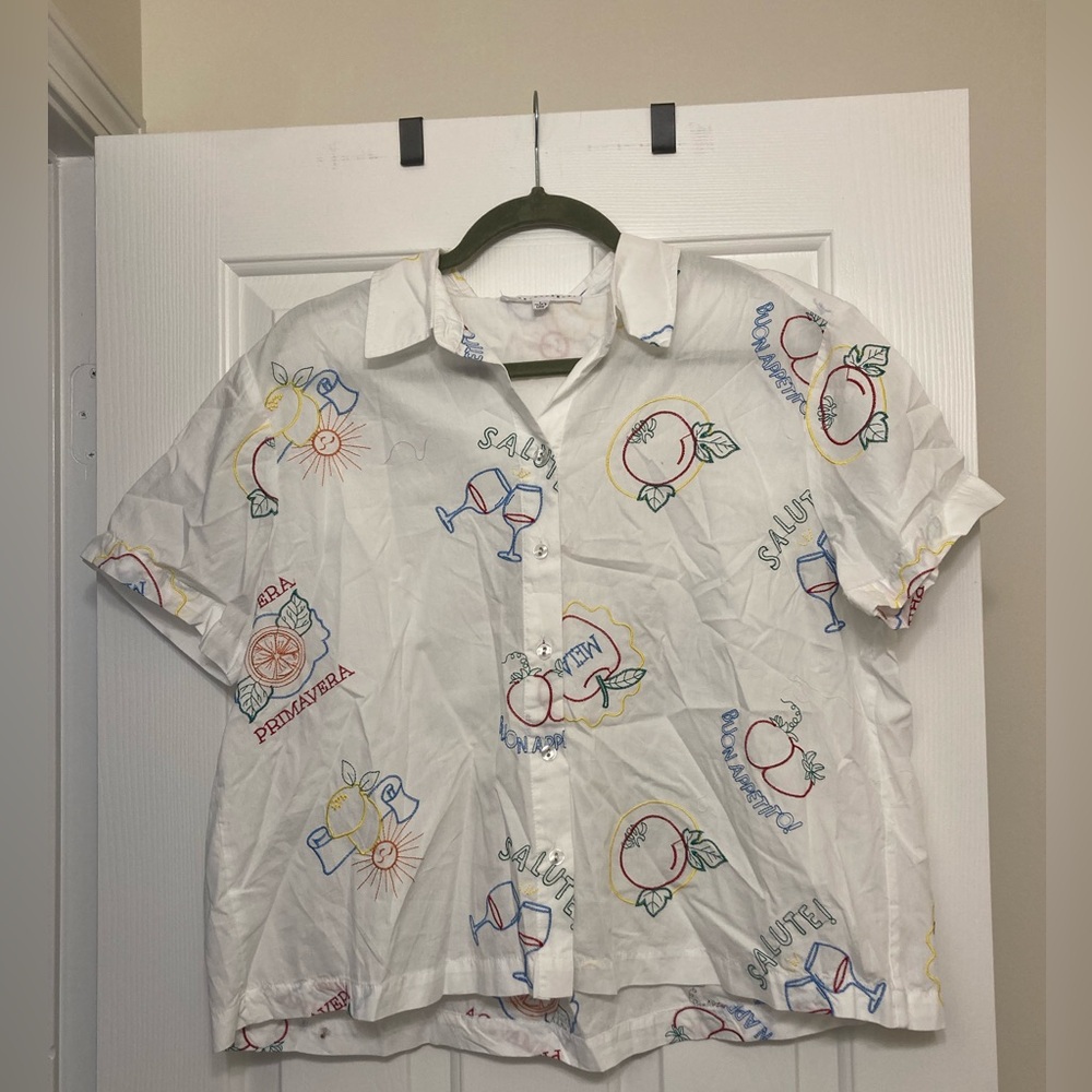 Jane + Delancey White Cotton Fruit Wine Embroidered Cropped Collared Shirt NWOTs